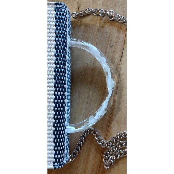 Teal Blue & Cream Stripe, Faux Rattan Square Mini Crossbody Purse - Picture 10 of 10